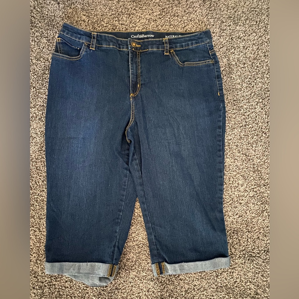 Croft Barrow 14 Jeans Natural Fit Capri Dark Blue Denim Stretch Rolled Cuff